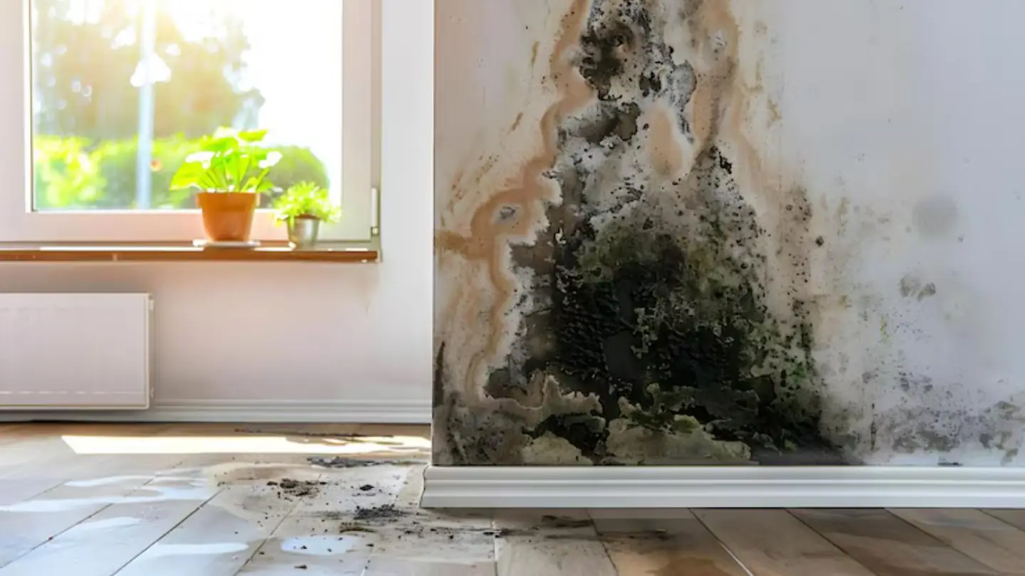 Mold staining climbing a wall beside a window above a wood floor