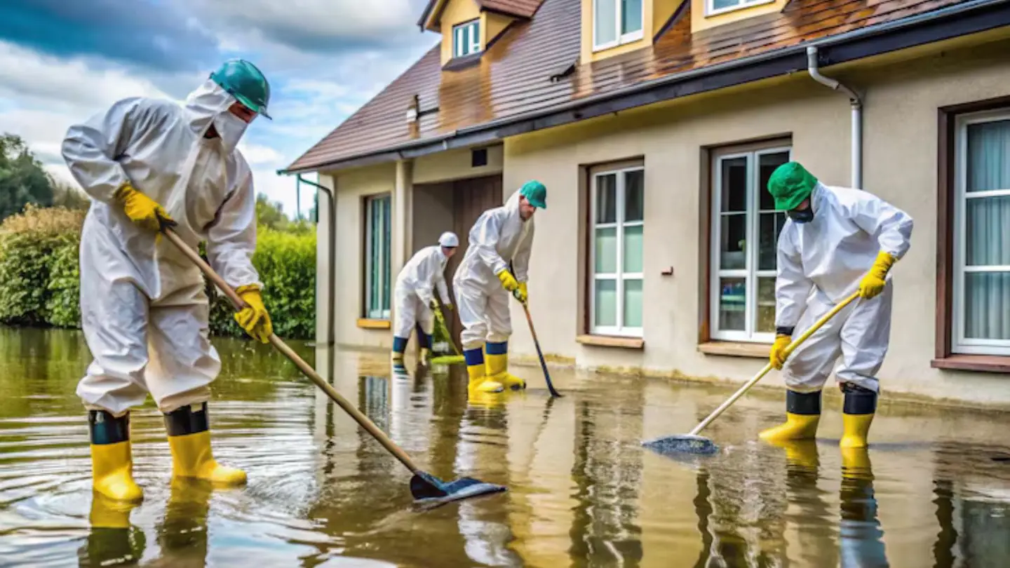Crew in protective suits and yellow boots clearing flood water around a house