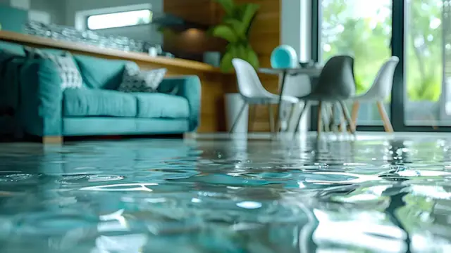 Teal living room with a thin layer of water across the floor