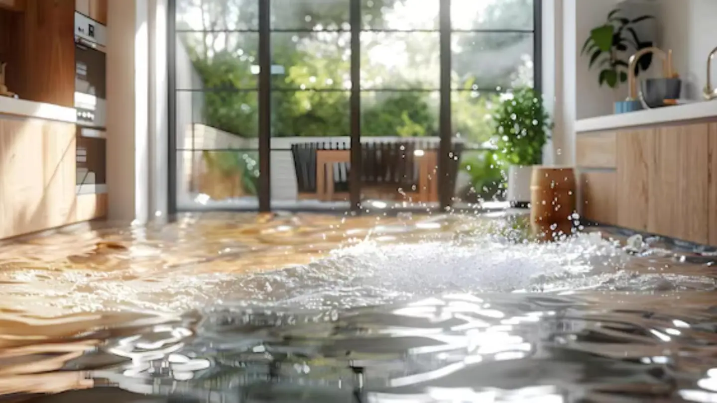 Living room floor covered in water with a sofa and tall windows behind it